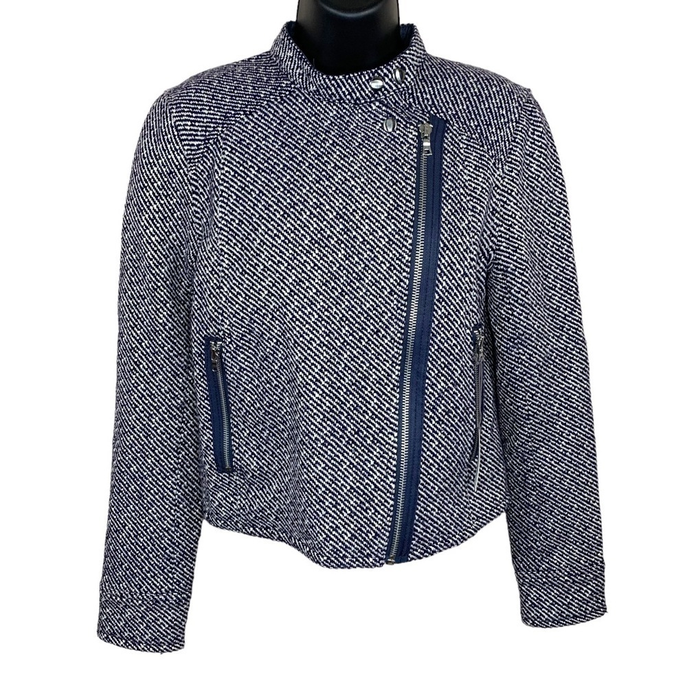Small New Gap Wool Tweed Blue White Moto Coat Jacket Zip Closure Long Sleeve